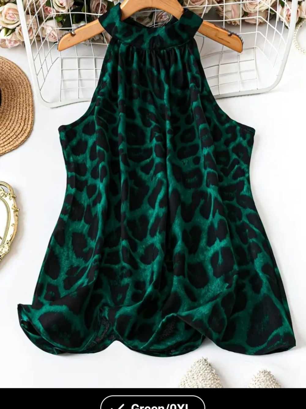 Green Animal-Print Halter Neck Top